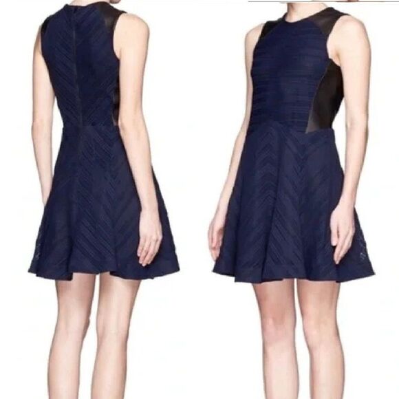 RAG & BONE Basha Dress, 8, Black Leather Trim, Navy Semi-sheer, Fit & Flare - Picture 14 of 14